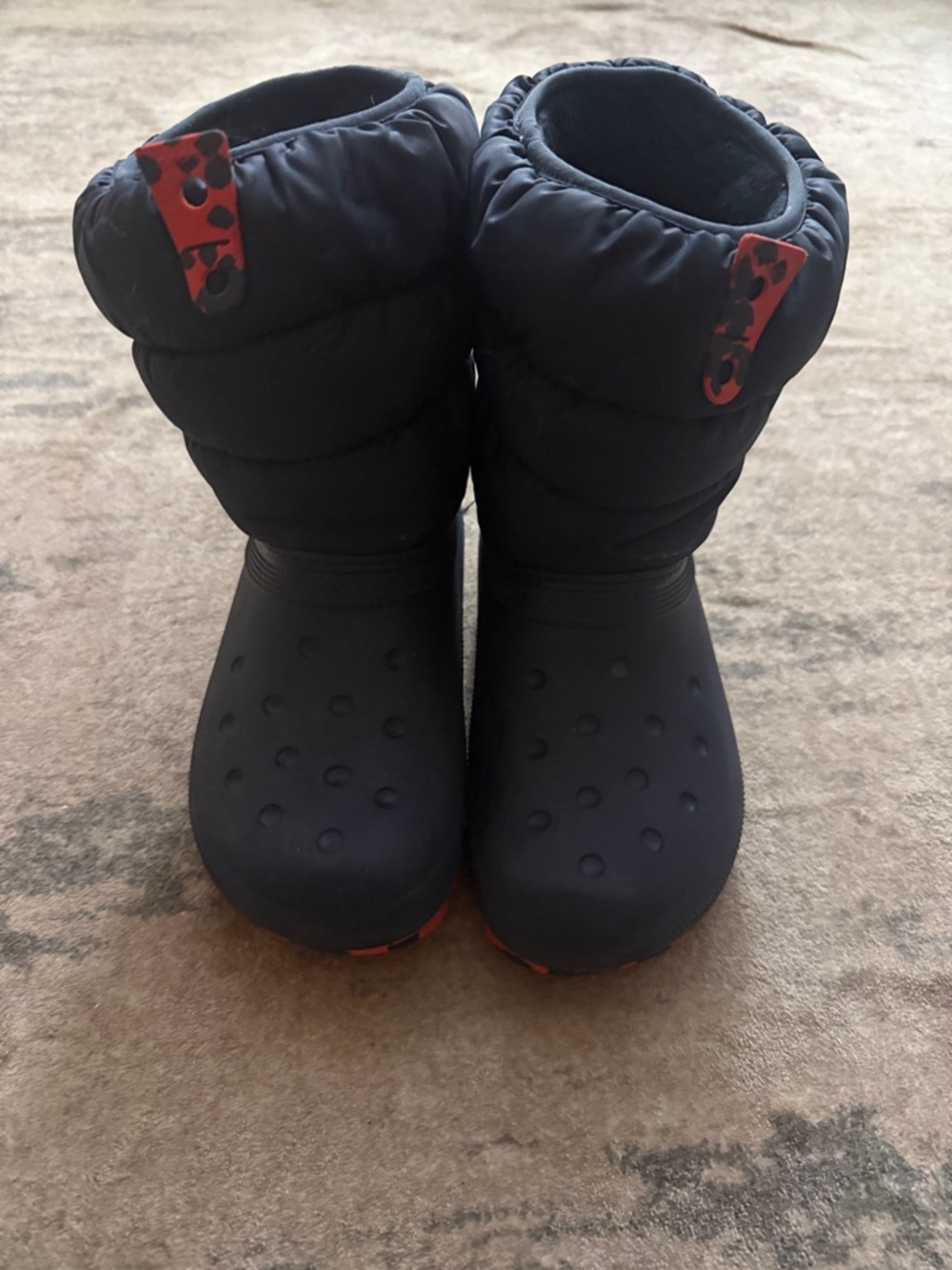 CROCS Kids Black Winter Puff Boots with Red Tab Accents